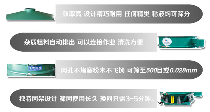 直徑1000mm振動篩的特點(diǎn)：效率高，設(shè)計(jì)精巧耐用，任何精類，粘液均可篩分，雜質(zhì)粗料自動排出，可以連接作業(yè)，清洗方便。網(wǎng)孔不堵塞粉末不飛揚(yáng)，可篩至500目或0。028mm篩網(wǎng)使用長久，換網(wǎng)只需3-5分鐘。