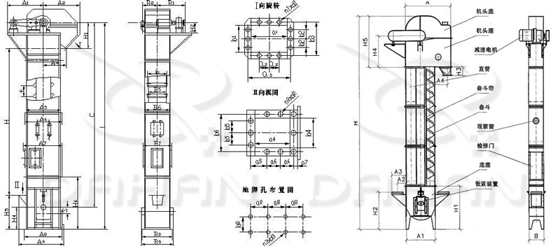 TD/D型斗式提升機(jī)基本結(jié)構(gòu):機(jī)頭蓋，機(jī)頭座，減速電機(jī)，直管，底座，緊張裝置等。