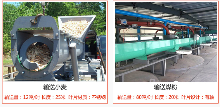 絞龍螺旋輸送機輸送小麥輸送量在12噸/時，長度為25米，葉片采用不銹鋼材質；輸送水泥輸送量在80噸/時，長度為20米，葉片設計為有軸。