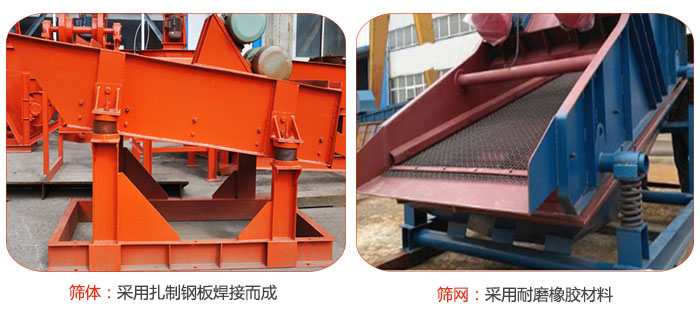 礦用振動(dòng)篩特點(diǎn)：篩體采用扎制鋼板焊接而成，篩網(wǎng)采用耐磨橡膠材質(zhì)