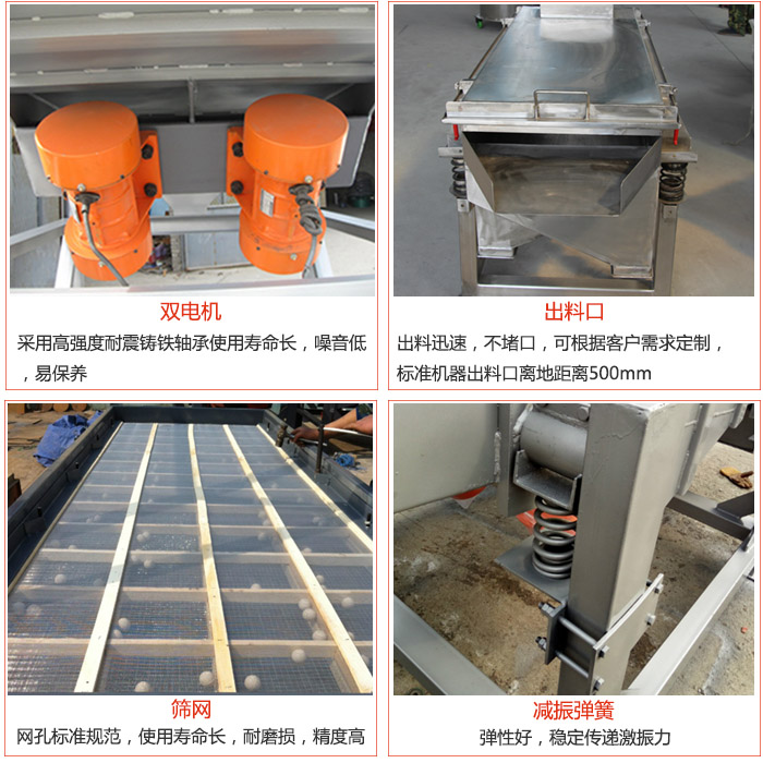 線振動篩配件優(yōu)勢：雙電機(jī)采用高強(qiáng)度耐震鑄鐵軸承使用壽命長，噪音低，易保養(yǎng)，出料口：出料迅速，不堵口，可根據(jù)客戶需求定制標(biāo)準(zhǔn)機(jī)器出料口離地距離500mm。篩網(wǎng)：網(wǎng)孔標(biāo)準(zhǔn)規(guī)范，使用壽命長，耐磨損，精度高。減震彈簧彈性好，穩(wěn)定傳遞激振力。