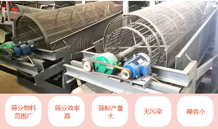滾筒篩分機主要特點：篩分物料范圍廣，篩分效率高，篩分產量大，無污染，噪音小。