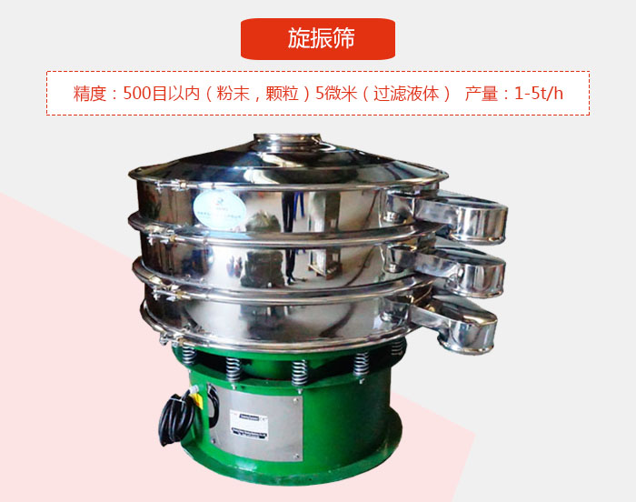 旋振篩精度：500目以內(nèi)（粉末，顆粒）5微米（過濾液體）產(chǎn)量：1-5t/h