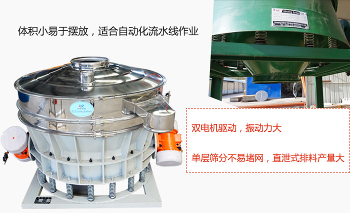雙電機(jī)驅(qū)動(dòng)，振動(dòng)力大，單層篩分不易堵網(wǎng)，直泄式排料產(chǎn)量大