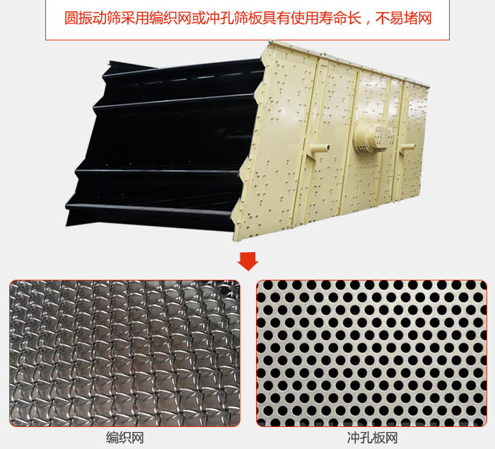 圓振動(dòng)篩采用編織網(wǎng)或沖孔篩板具有使用壽命長(zhǎng)，不易堵網(wǎng)。