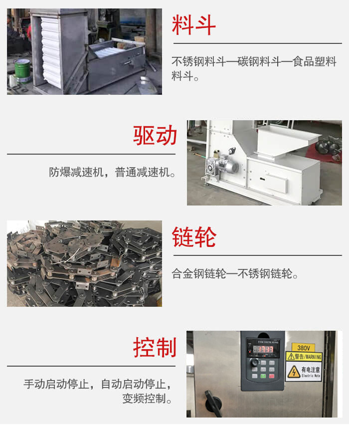 z型斗式提升機(jī)料斗：不銹鋼料斗-碳鋼料斗-食品塑料料斗。驅(qū)動(dòng)裝置采用的式防爆減速機(jī)，普通減速機(jī)兩種。鏈輪采用合金鏈輪-不銹鋼鏈輪控制器：手動(dòng)啟動(dòng)/停止，以及自動(dòng)啟動(dòng)停止。