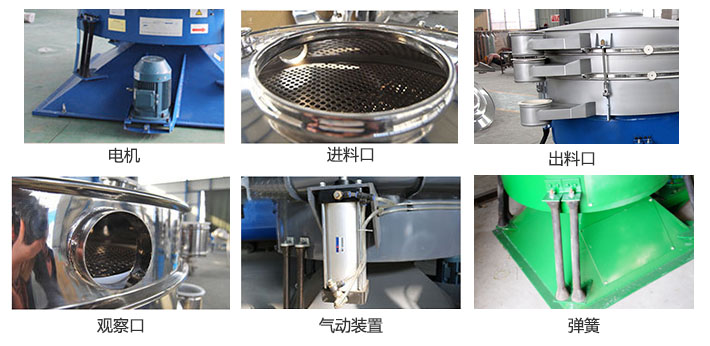 搖擺篩分機(jī)由進(jìn)料口，出料口，觀察口，電機(jī)，彈簧，氣動(dòng)裝置等部件組成