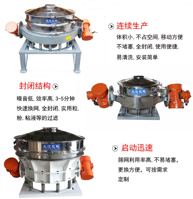 直徑1000mm直排篩特點(diǎn)：連續(xù)生產(chǎn)：體積小，不占空間，移動方便，不堵塞，全封閉，使用便捷，易清洗，安裝簡單。封閉結(jié)構(gòu)：噪音低，效率高，3-5分鐘，快速換網(wǎng)，全封閉，實(shí)用粒，粉粘液等的過濾。啟動迅速：篩網(wǎng)利用率高，不易堵塞，更換方便，可按需求定制。