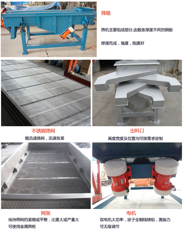 520型直線振動篩結構：篩箱：篩機主要組成部分，由數(shù)張厚度不同的鋼板焊制而成，強度，剛度好。不銹鋼篩網：能迅速換網，迅速張緊。電機：雙電機大功率，定子全銅線繞組，激振力可無極調節(jié)。網架：保持篩網的緊繃和平整，比重大或產量大時可使用金屬篩框。出料口：高度寬度及位置均可按照用戶的要求來定制。
