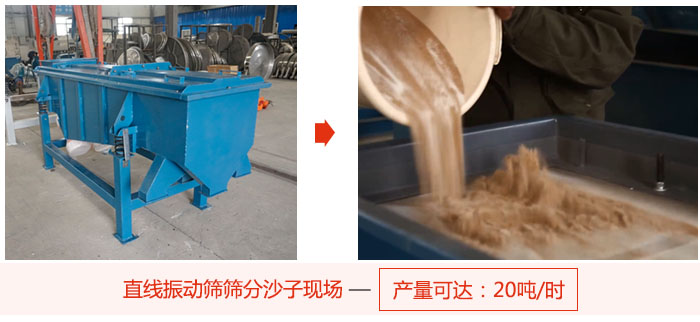 直線振動篩篩分沙子現(xiàn)場展示，產(chǎn)量高達(dá)20噸每小時。
