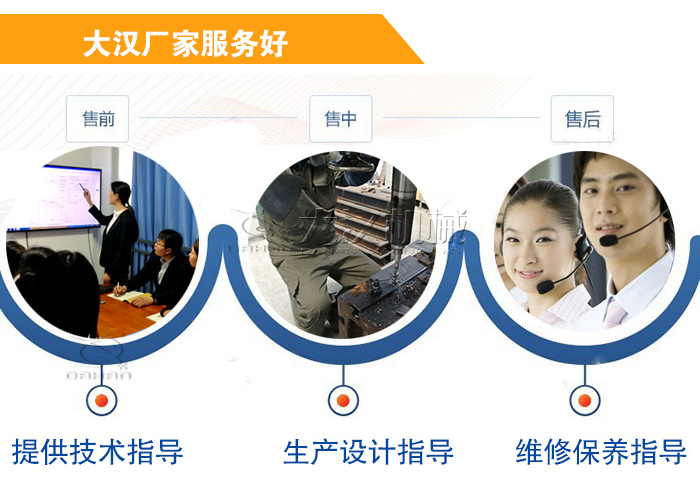 大漢廠家服務(wù)流程：售前-售中-售后：提供技術(shù)指導(dǎo)，生產(chǎn)設(shè)計(jì)指導(dǎo)，維修保養(yǎng)指導(dǎo)。