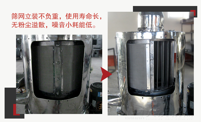 氣流篩采用立式篩網(wǎng)，不受物料的沖擊力的影響，篩網(wǎng)使用壽命長
