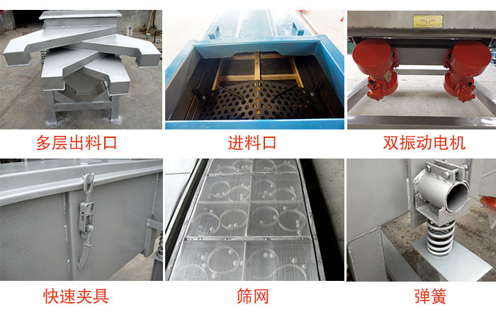 多層直線振動(dòng)篩出料口，篩網(wǎng)，彈簧，快速夾具，振動(dòng)電機(jī)等