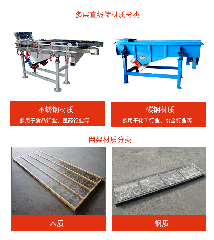 多層直線振動(dòng)篩材質(zhì)有：不銹鋼，碳鋼；網(wǎng)架材質(zhì)有木質(zhì)，鋼質(zhì)等。
