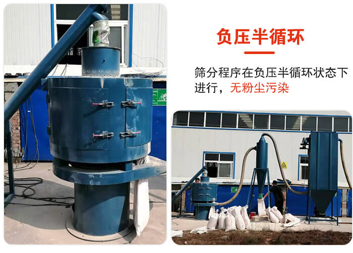 氣流篩負壓半循環(huán)，篩分程序在負壓版循環(huán)狀態(tài)下進行，無粉塵污染。