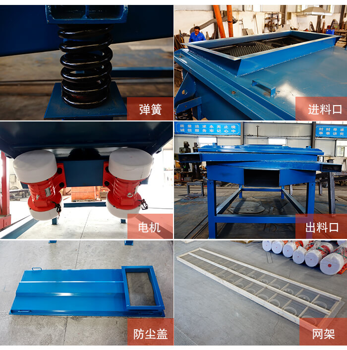 1035直線振動篩細節(jié)展示：出料口，振動彈簧，振動電機，進料口。