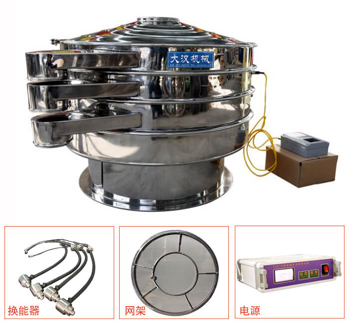  全不銹鋼超聲波振動篩內(nèi)部組成：換能器，網(wǎng)架，電源。