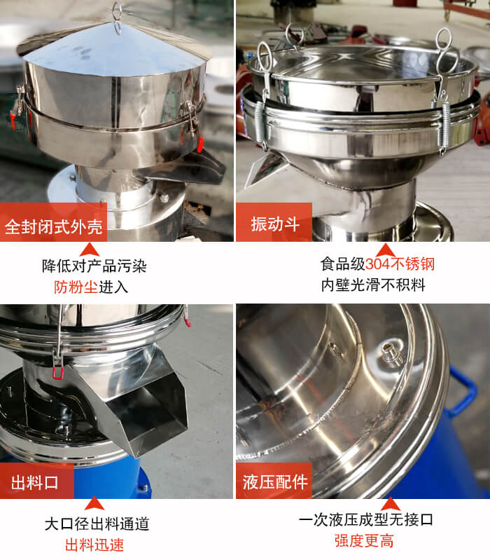 450過濾篩機結(jié)構(gòu)組成：全封閉式外殼設(shè)計：對產(chǎn)品的污染低，防塵粉進入電機內(nèi)部延長設(shè)備壽命。振動斗：食品304不銹鋼篩斗，內(nèi)壁光滑不存在積料現(xiàn)象。出料口，大口徑出料通道，出料迅速，提高工作效率。液壓配件：一次液壓成型無接口強度更高。