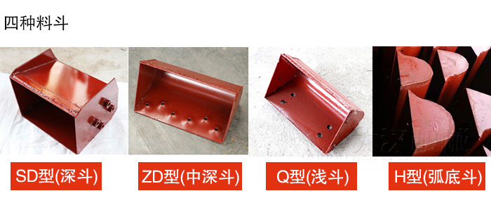 四種料斗Q型(淺斗)、H型(弧底斗)、ZD型(中深斗)SD型(深斗)展示圖