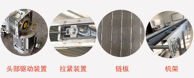 鏈板輸送機(jī)結(jié)構(gòu)：頭部驅(qū)動(dòng)裝置，拉緊裝置，鏈板，機(jī)架等圖片展示