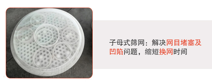 塑料防腐蝕振動(dòng)篩采用子母扣式網(wǎng)架可安裝彈跳球進(jìn)行清網(wǎng)，解決篩網(wǎng)堵塞問(wèn)題。