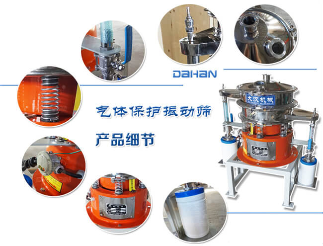 氣體保護振動篩細節(jié)：振動彈簧，手動閥門，料罐等。